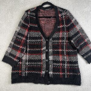 Lane Bryant Cardigan Sweater Women 18/20 Black Red Knit 3/4 Sleeve Button V Neck